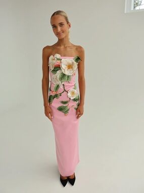 Leo Lin Rayna Camelia Pink Floral Appliqué Gown